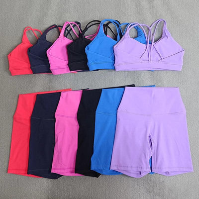 Yoga Shorts Set Gym Sports Set Women Fitness Suit Clothes 2 Piece Cross Back Bra Top High Waist Shorts Running Workout Tracksuit