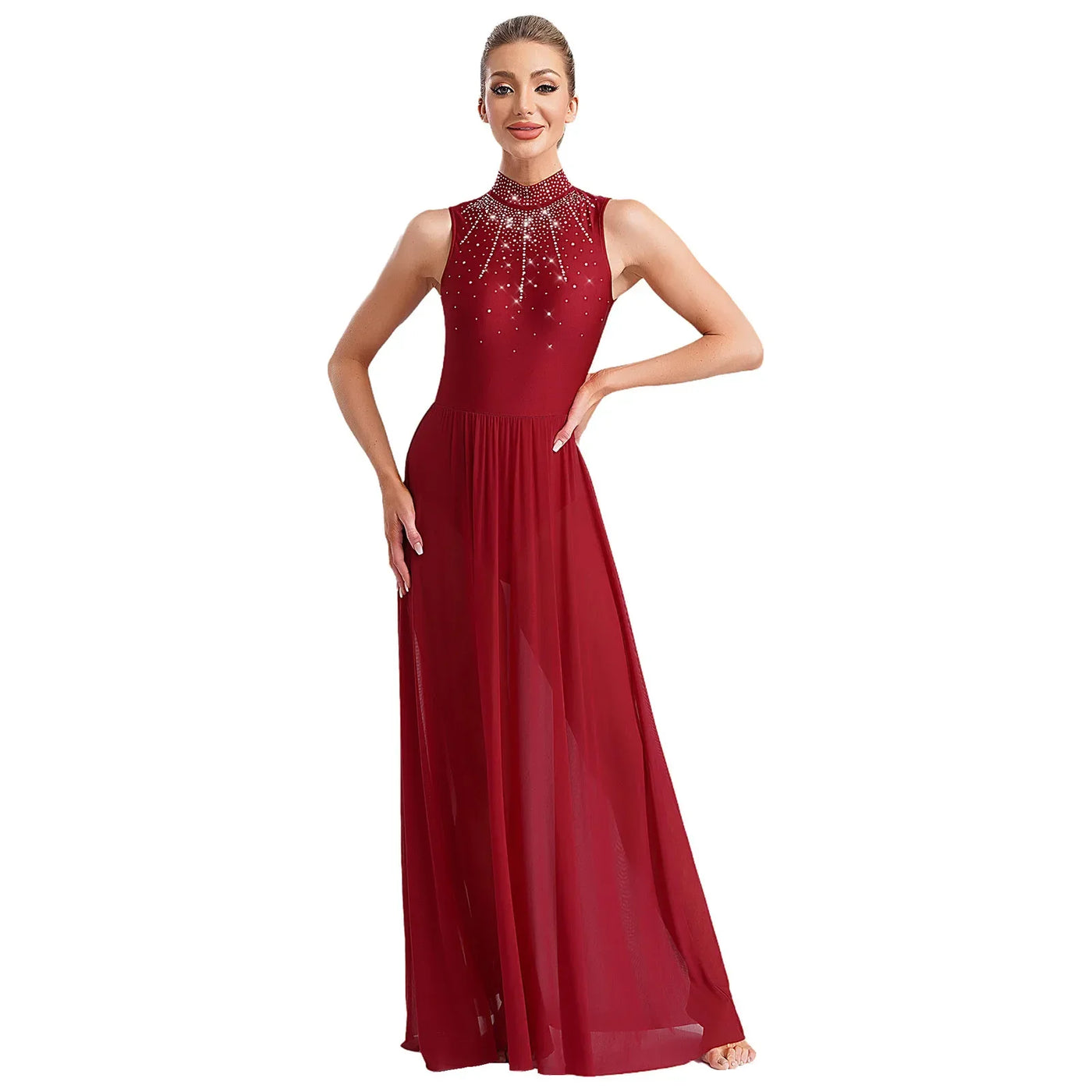 Women Lyrical Contemporary Ballroom Modern Dance Costume Dancing Prom Gown Side Split Maxi Dress for Ballet Gymnastics Skating