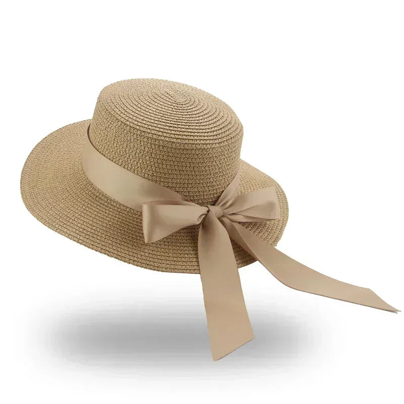 Bucket hat beach summer straw hats for women flat top ribbon bowknot elegant luxury sombreros de mujer