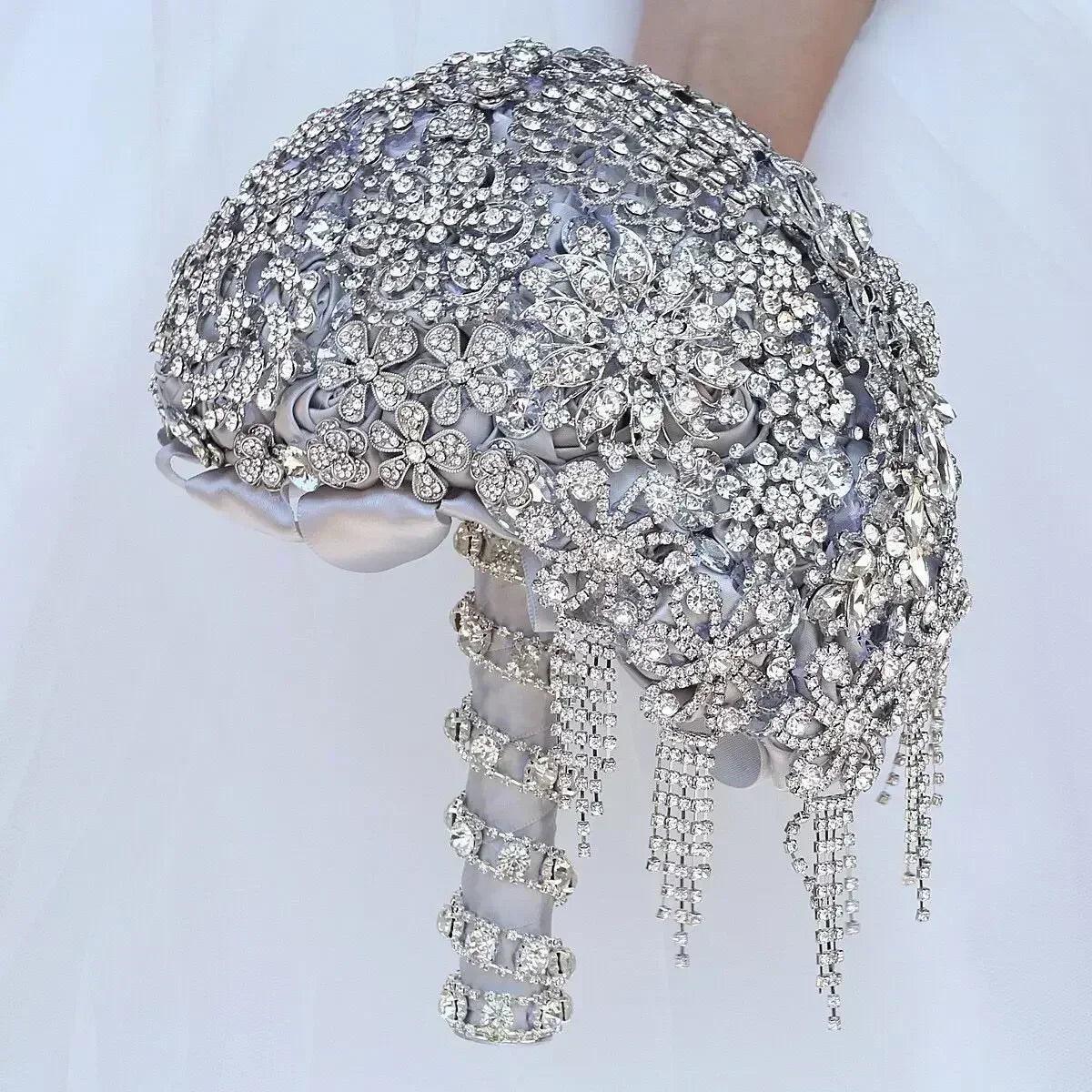 Rhinestone jewellery brooch bouquet silk wedding flowers |bridal