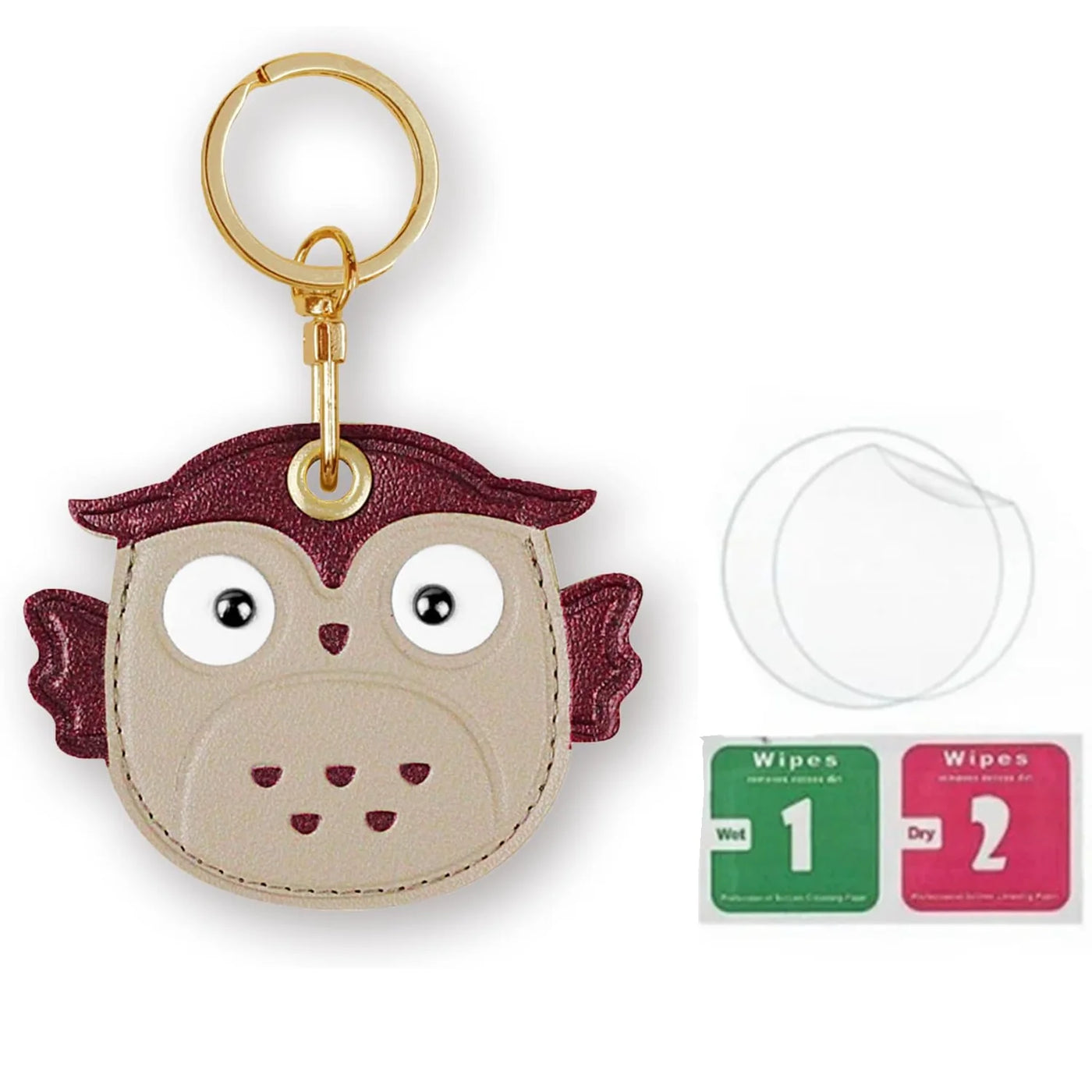 Beige Maroon Owl Leather AirTag Keychain with Hand Straps