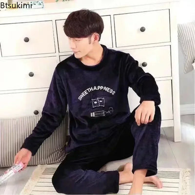 2025 Men's Autumn Winter Warm Flannel Pajama Sets Casual Soft Sleepwear Homewear 2PCS Sets Male Loose Coral Velvet Lounge Sets