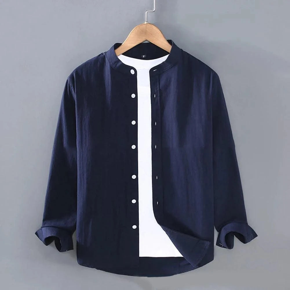 Mens Linen Shirt Stand Collar Long Sleeve Henley White Black Soft Comfortable Simple Spring Summer Men's Shirt Solid Color
