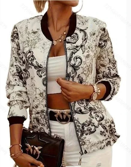 Women's Floral Print Bomber Jacket - Casual Zip Up Long Sleeve Outerwear