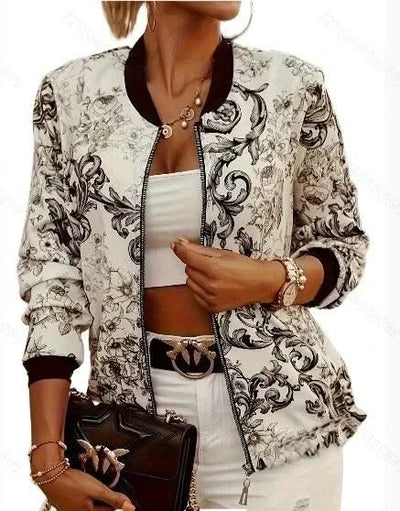 Women's Floral Print Bomber Jacket - Casual Zip Up Long Sleeve Outerwear