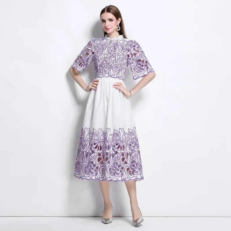 Summer Short Sleeve A-LINE Set Skirt for Women Fashion Ruffled Collar Embroidery Set Skirt Women Vestidos De Verano Mujer Q344