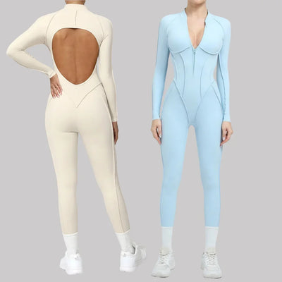 Seamless Yoga Jumpsuits Sports Fitness Peach Hip Half-open Zipper Tight Backless One-piece Workout Gym Tracksuits for Women