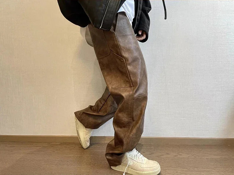 Mauroicardi Autumn Long Retro Cool Baggy Distressed Washed Brown Soft Pu Leather Wide Leg Pants for Men Luxury Designer Clothes