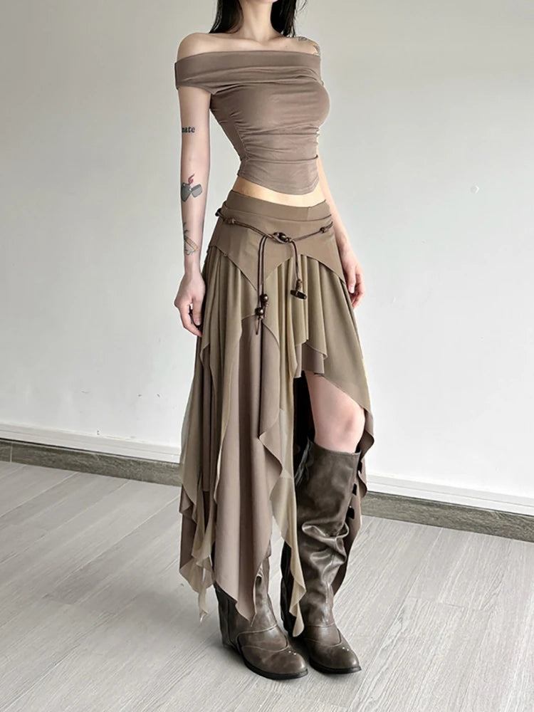 Solid Color Long Skirts For Women Streetwear Asymmetrical Falda Sexy Mujer Slim Fit Korean Fashion Clothing Ruffles Jupe Femme
