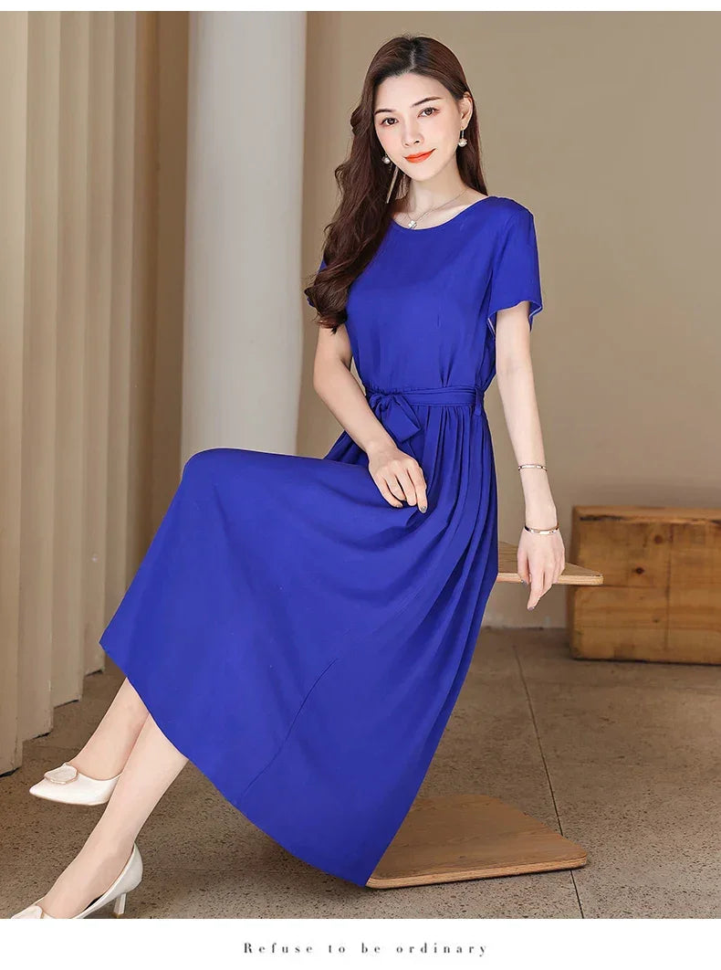 New Fashion Summer Dresses For Women 2025 Elegant Casual Short Sleeve Midi Dress Soild Colour Women Clothing