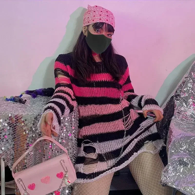 Gothic Sweaters Women Ripped Holes Loose Knitted Purple Striped Pullover Frayed Fairy Grunge Jumpers Emo Streetwear Lolita