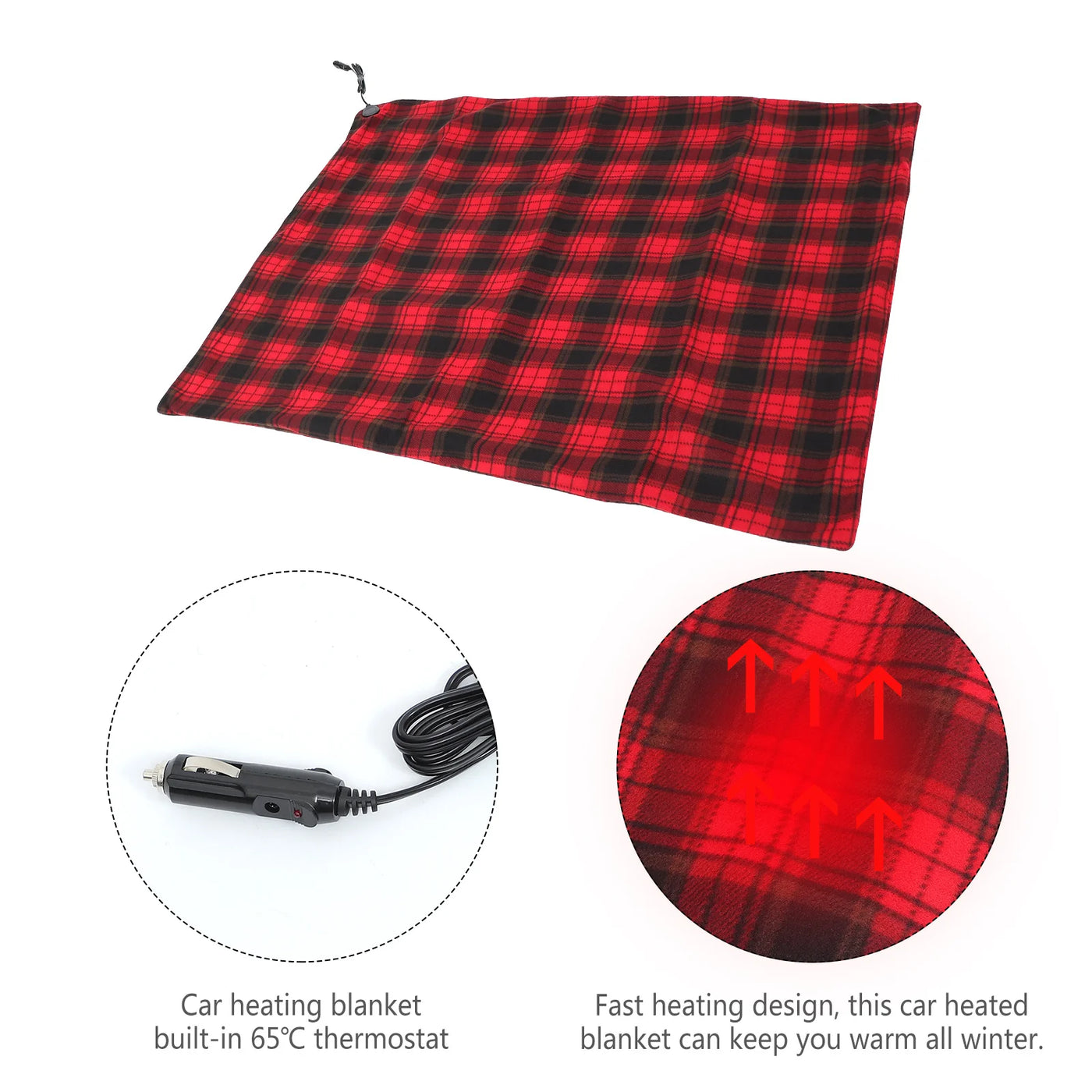 Car Heating Blanket 12V Electric Blanket with 65C Thermostat Automatic Temperature Control Heated Throw for Road Trips