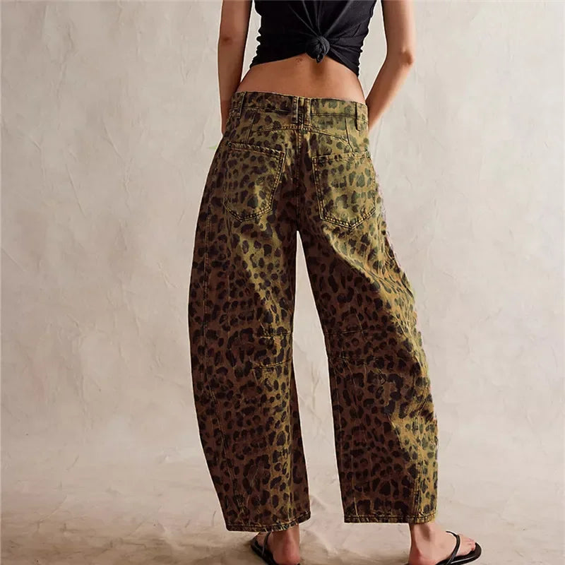 Women Leopard Barrel Jeans Y2k Cheetah Printed Baggy Boyfriend Jeans Mid Rise Wide Leg Denim Pants Horseshoe Jeans