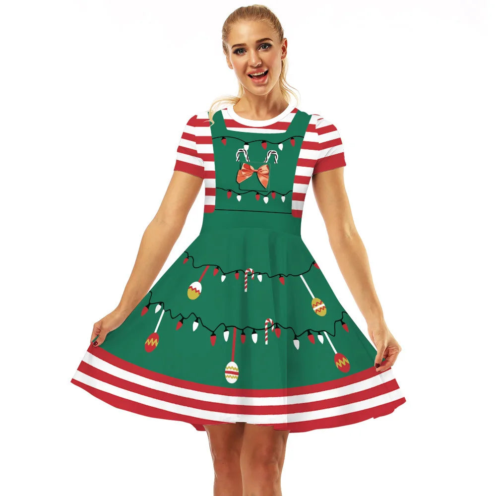 Merry Christmas Women Dress Graphics Stripe Christmas Elf Printed Dress Disguise Adult Xmas Cosplay Costume Holiday Party Wear