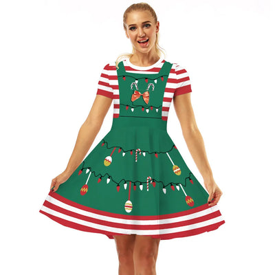 Merry Christmas Women Dress Graphics Stripe Christmas Elf Printed Dress Disguise Adult Xmas Cosplay Costume Holiday Party Wear