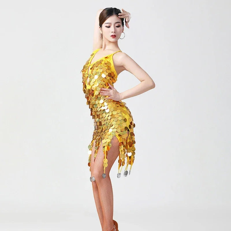 Women's Sexy Deep V Hollow Out Sequin Backless Sling Latin Dance Dress Ladies Charming Salsa Rumba Samba Tango Dancewear