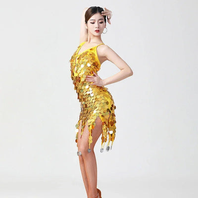 Women's Sexy Deep V Hollow Out Sequin Backless Sling Latin Dance Dress Ladies Charming Salsa Rumba Samba Tango Dancewear