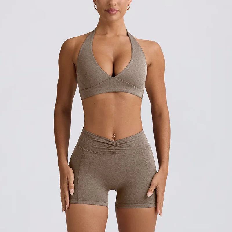 Women's Yoga Suits Quick Drying Leggings Gym Shorts Nude Hanging Neck Bra Running Gym Exercise Sets