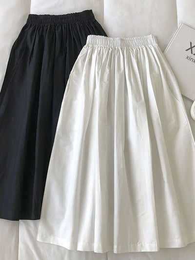 Women White Long Skirt Fashion Pockets Pleated Knee Length Skirts Autumn 2025 New Casual Elegant High Waist A Line Femme Skirts