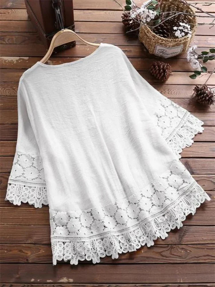 Summer cotton linen lace women's top 8865