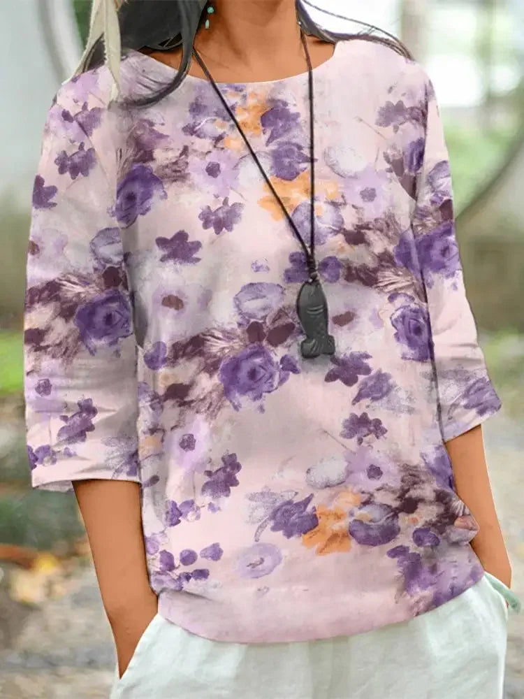 Women's Linen Bohemian Floral Printed  3/4 Sleeve O-Neck Top