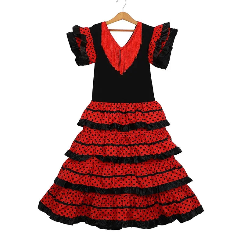 Dress Women 2025 Europe America Short Sleeve Midi Dress Traditional Spanish Dance Dress For Girls Festival Tassel Dot Dress