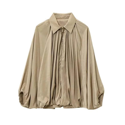 HipSeam Satin Bomber Jacket Women Casual Pleated Zipper Jackets