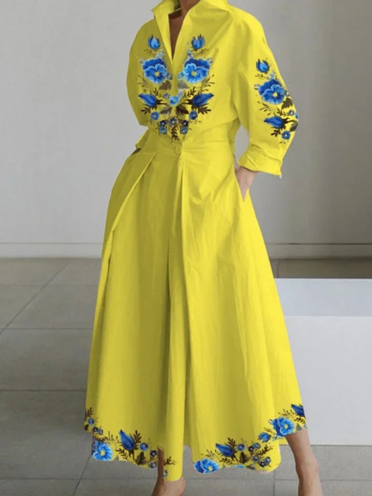 Vintage Cotton Linen Midi Dress for Women Summer Elegant Lapel Oil Painting Button Detail Streetwear Party Vestido