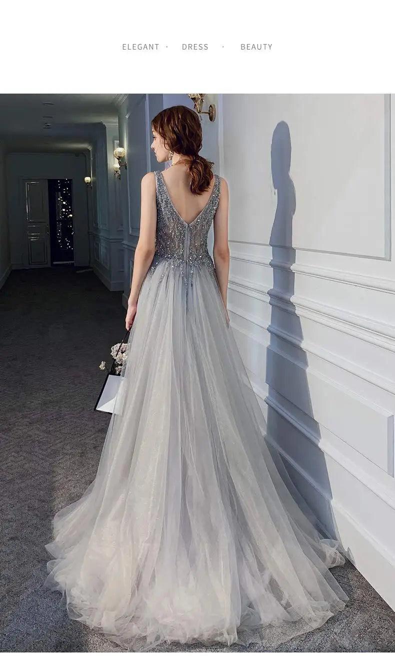 Women’s evening dresses sexy v-neck luxury formal party gown backless beads sequins tulle side split banquet dress