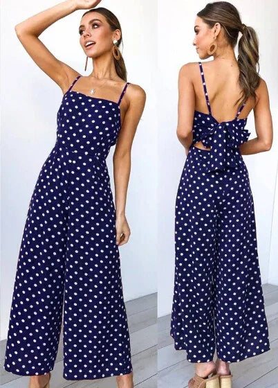Women Elegant V-Neck Sleeveless High Waist Jumpsuit Summer Sexy Polka Dot Romper Female Loose Wide Leg Playsuits Fashion