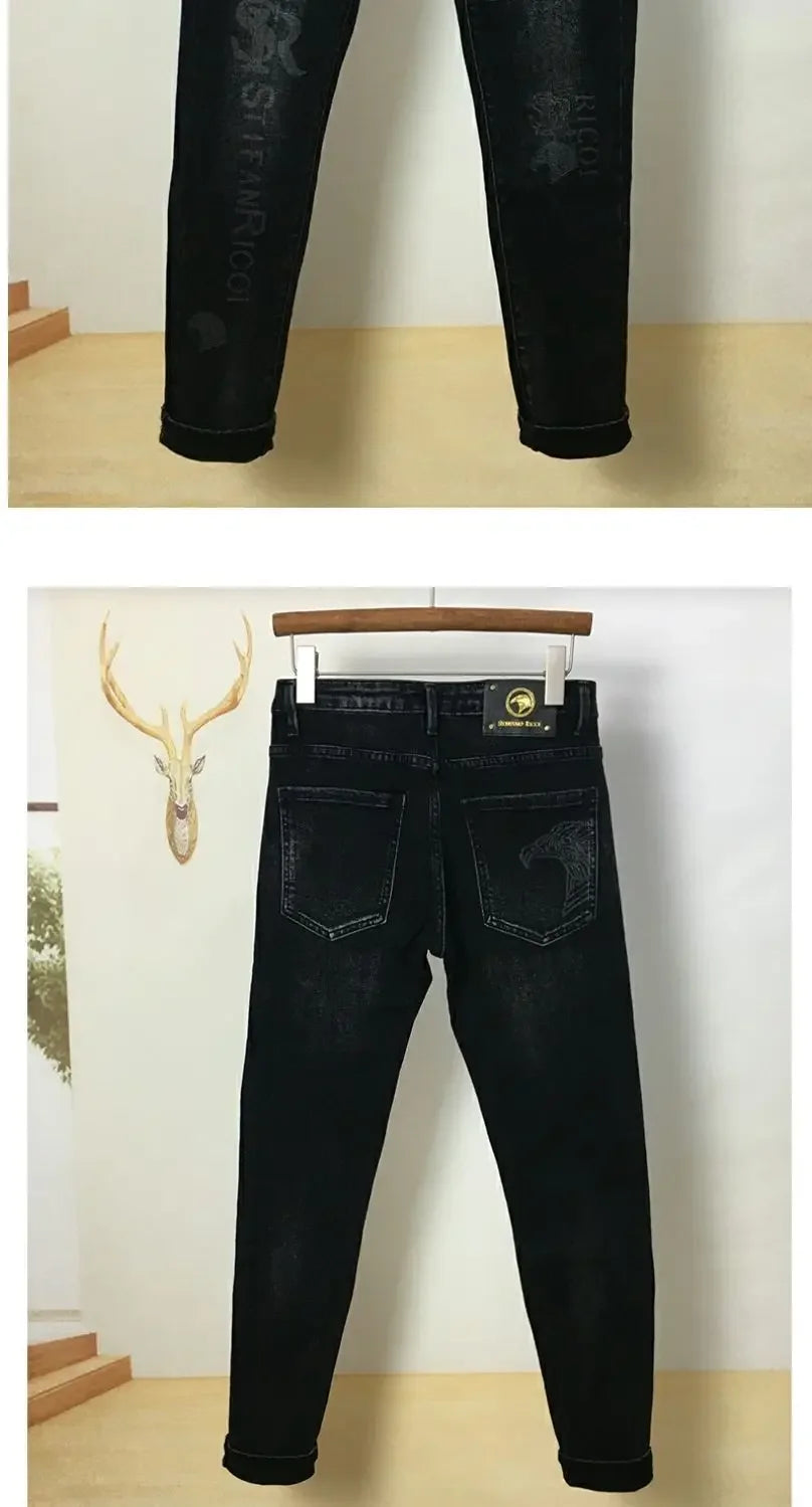 Fashion Original Luxury Boyfriend Black Harajuku Stretch Designer Eagle Printed Cowboy Graphic Jeans for Men Denim Trousers Male