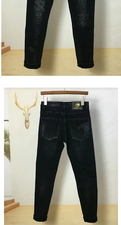 Fashion Original Luxury Boyfriend Black Harajuku Stretch Designer Eagle Printed Cowboy Graphic Jeans for Men Denim Trousers Male