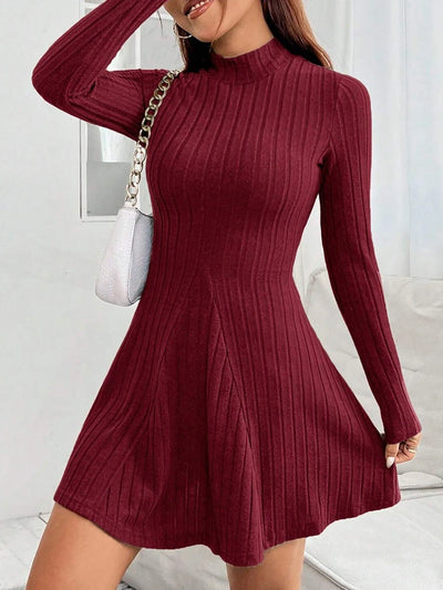 Wine red semi-turtleneck knitted dress for women, long sleeves, slim fit, waist-cinching, flared skirt, autumn and winter slimmi