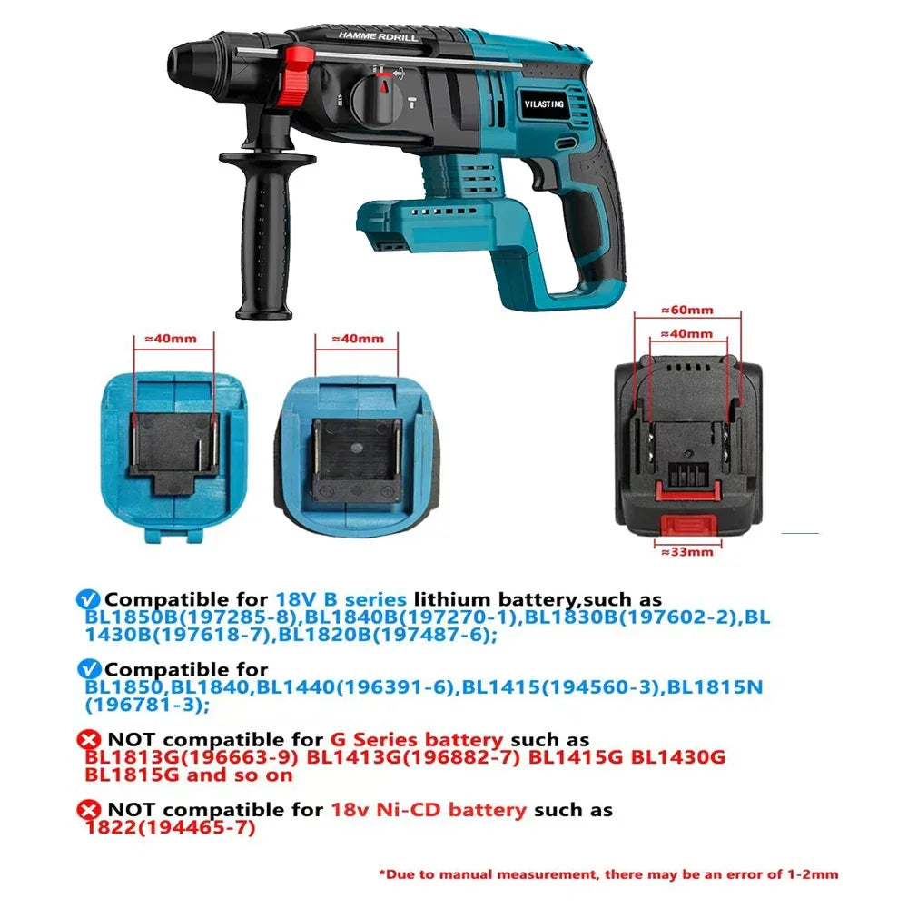 26MM Brushless Electric Hammer Drill Multifunctional Rotary Cordless Rechargeable Power Tools Fit MA KITA/Dewalt 18V Battery