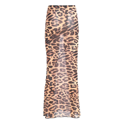 Womens Sheer Mesh Fishtail Wrap Hip Long Skirt Printed Leopard Maxi Skirt Female Vintage Costume High Waist Bodycon Cover Up
