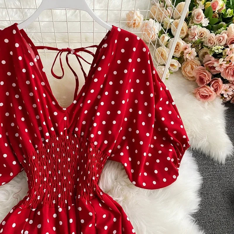 V Neck Sexy Dolman Sleeves Waist Slim Polka Dot Print Jumpsuit Women Wide Leg Trousers Jumpsuit