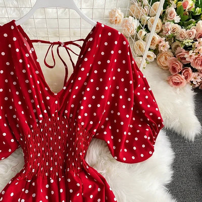 V Neck Sexy Dolman Sleeves Waist Slim Polka Dot Print Jumpsuit Women Wide Leg Trousers Jumpsuit