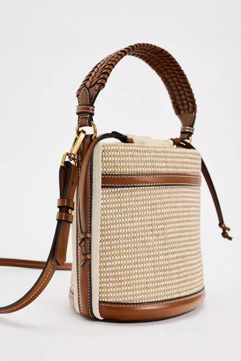 Fashion straw bucket bag weave women handbags designer panelled shoulder crossbody bags casual summer beach small tote
