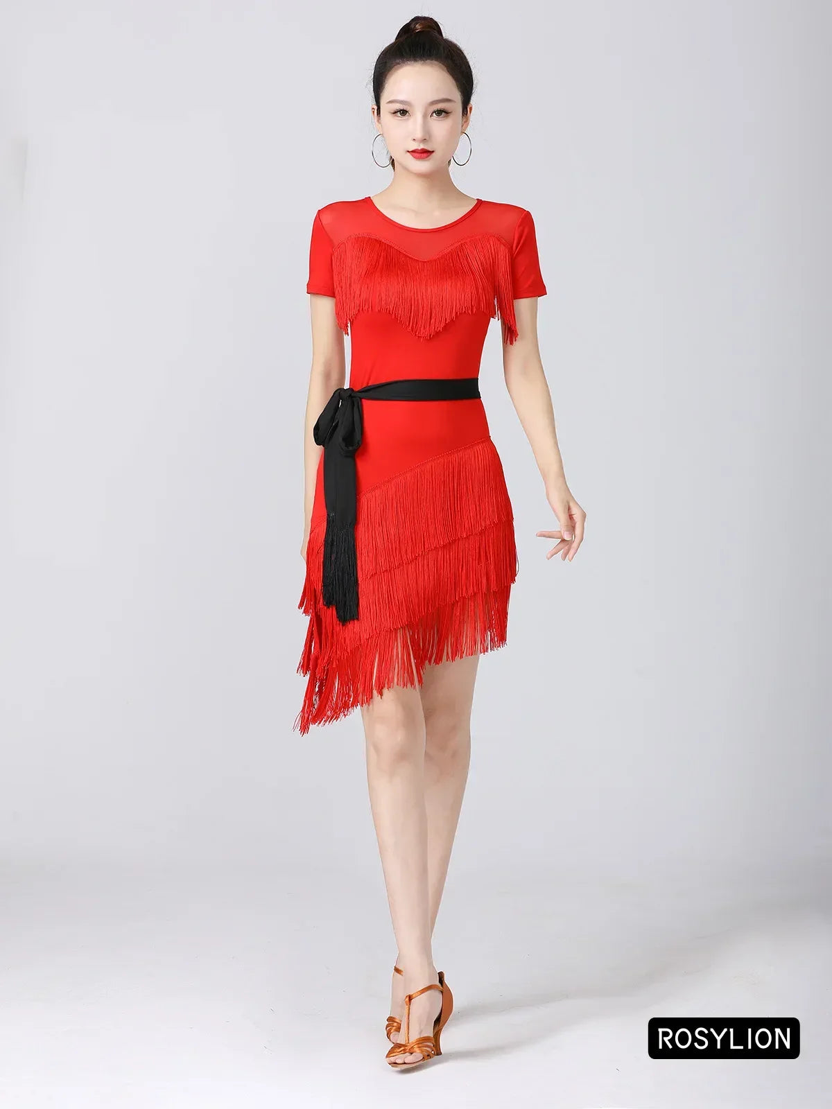 Women Latin Dance Outfit for Female Adults High End Slim Short Sleeve Tassel Split Dress Purple Red Sexy Practice Dance Clothing