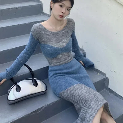 Female Knit Dress Bodycon New In Autumn and Winter Women's Crochet Dresses Vintage One Pieces G Curvy Loose Thic Elastic Kpop X