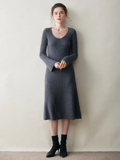 Women's Cashmere Sweater Dress Autumn Winter U-neck Striped Pullover 100% Cashmere Knitwear Slim Solid Flare Sleeve A-Line Skirt