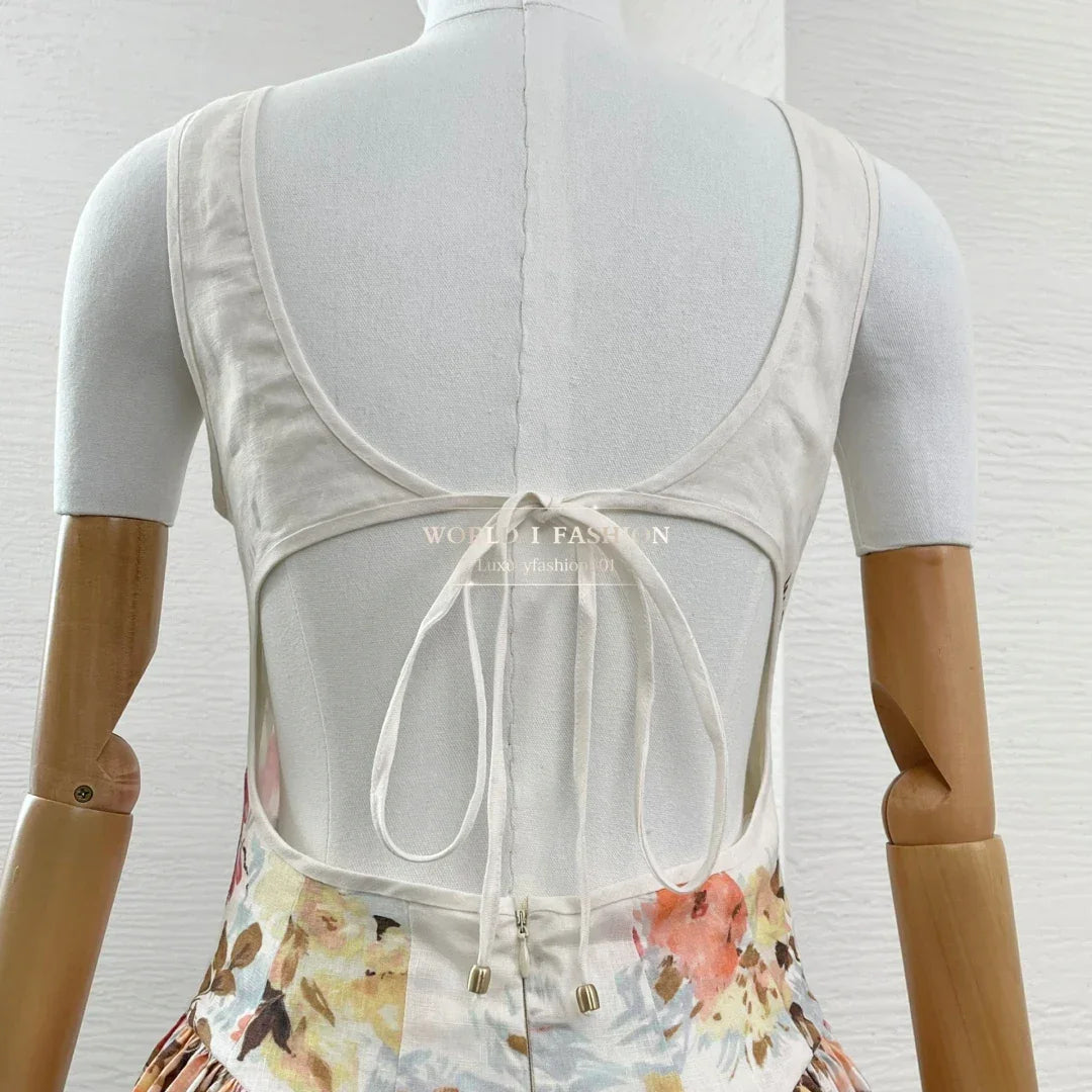 Linen 2025 Summer High Quality New Sleeveless White A-line Cut Out Floral Print Pleats Women Mini Dress
