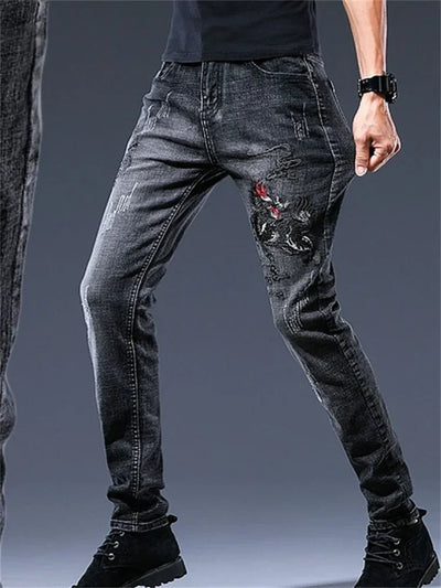 Men's Chinese Dragon Embroidery Jeans Fashion Kylin Embroidered Slim Pencil Pants Stretch Denim Trousers jeans for men pants