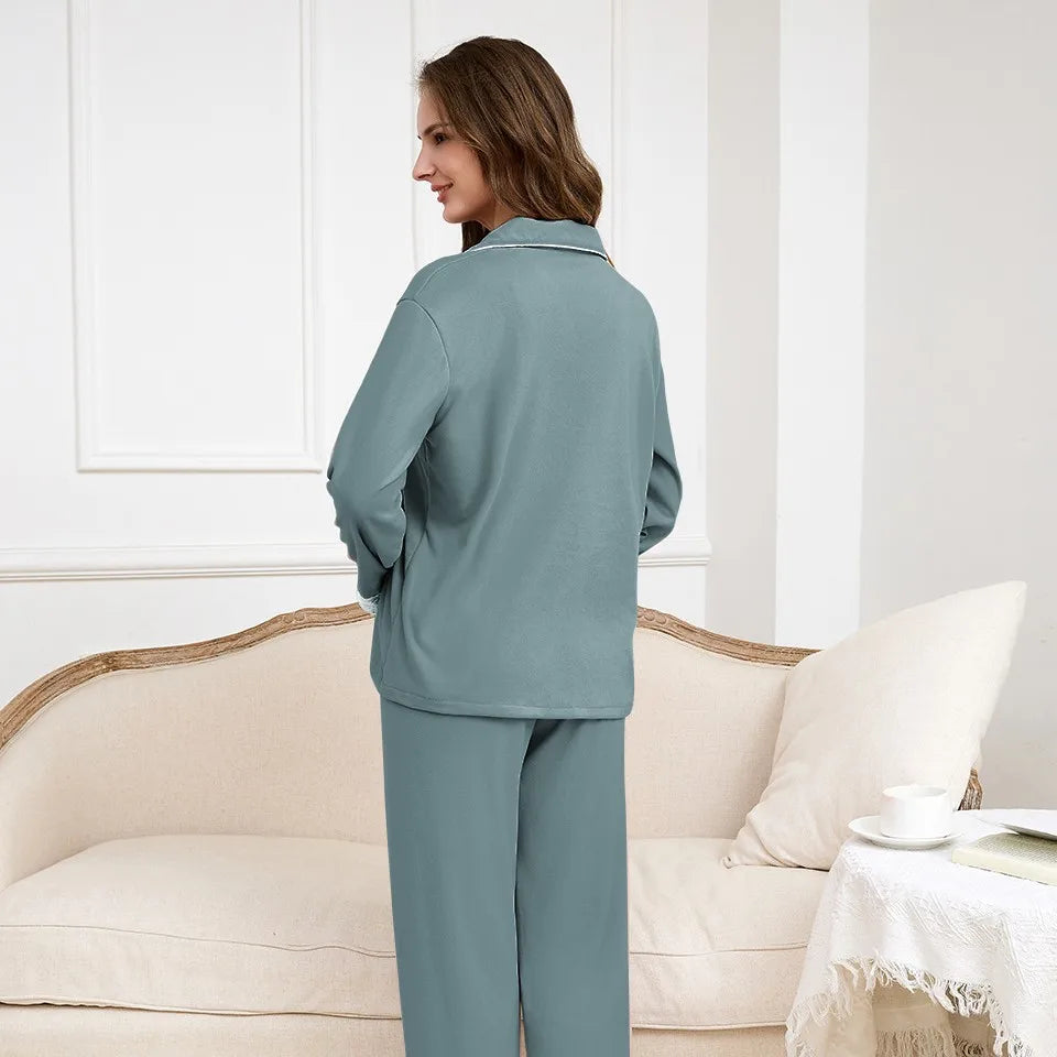 Autumn and Winter Women' Homewear Velour Fabric Collared Lace Trim with Pocketed Long-Sleeved Top Trousers Casual Warm Pyjamas