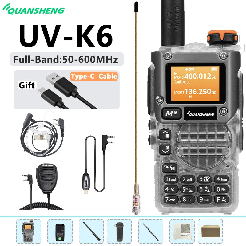 New Quansheng UV-K6 UHF VHF Walkie Talkie UV-K5(8) Full Band Type-C Scrambler NOAA Wireless Copy Frequency Transparent Ham Radio