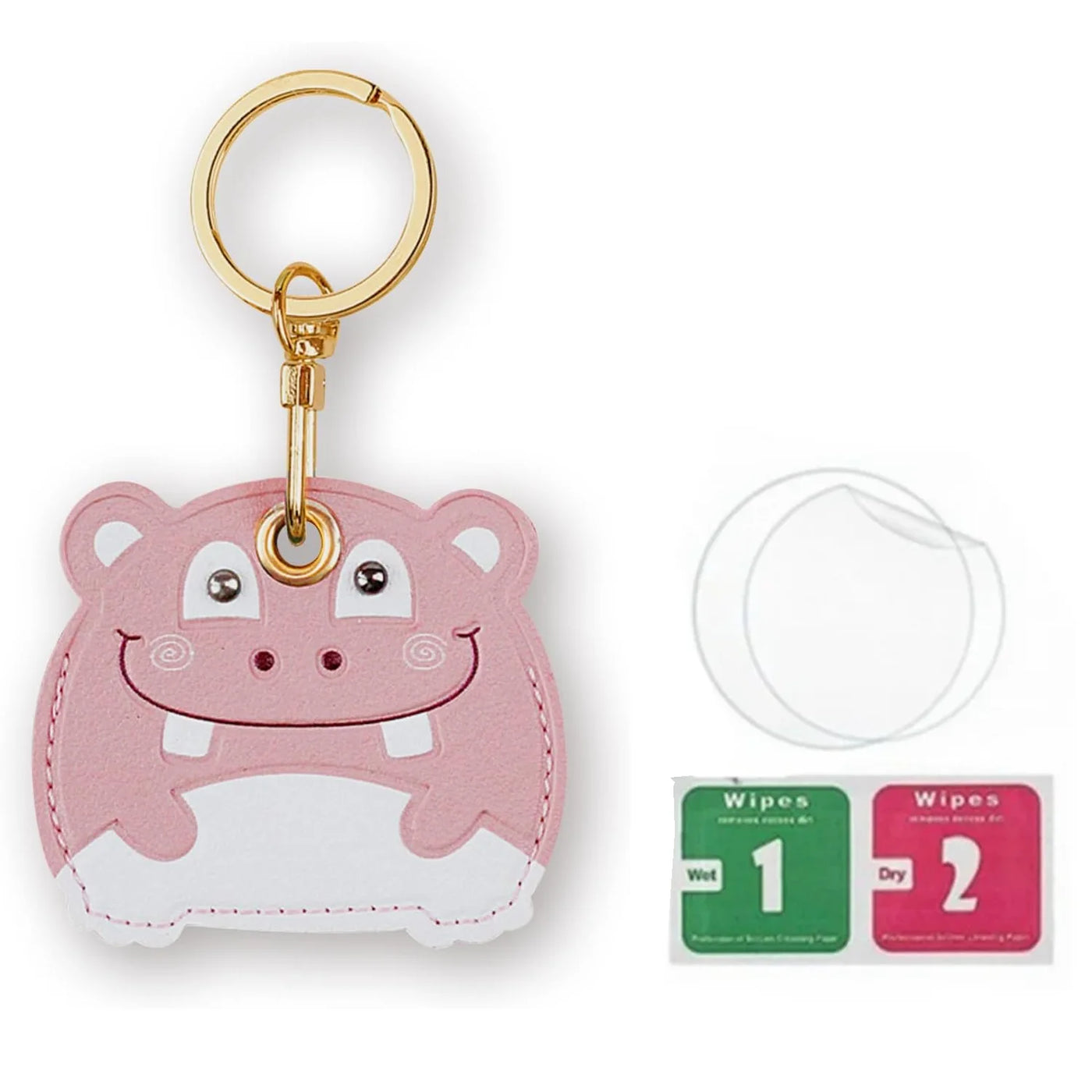 Pink hippo leather AirTag keychain holder with hand straps and gold hardware