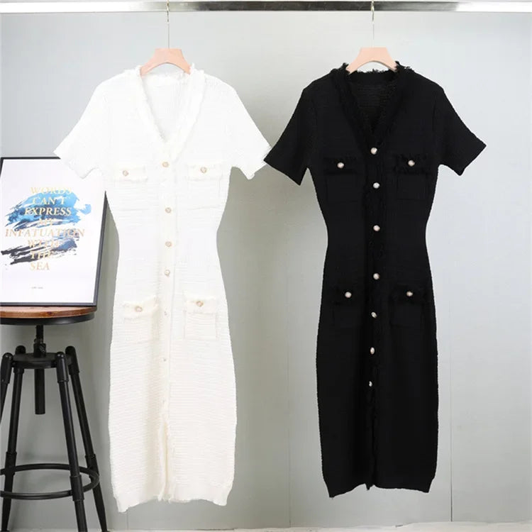 Summer Women Simple White Black Dresses Office Sheath Pencil Midi Dress Elegant Knitted Bodycon Party Casual Vestido