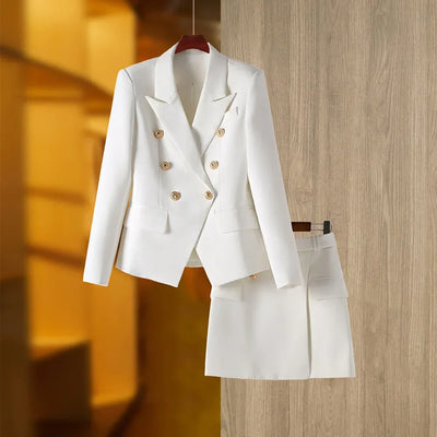 New Arrival Elegant Style Lady Office Work Suit Double-breasted Long Sleeve Fitted Blazer A-line Pencil Mini Skirt Women 2Pcs