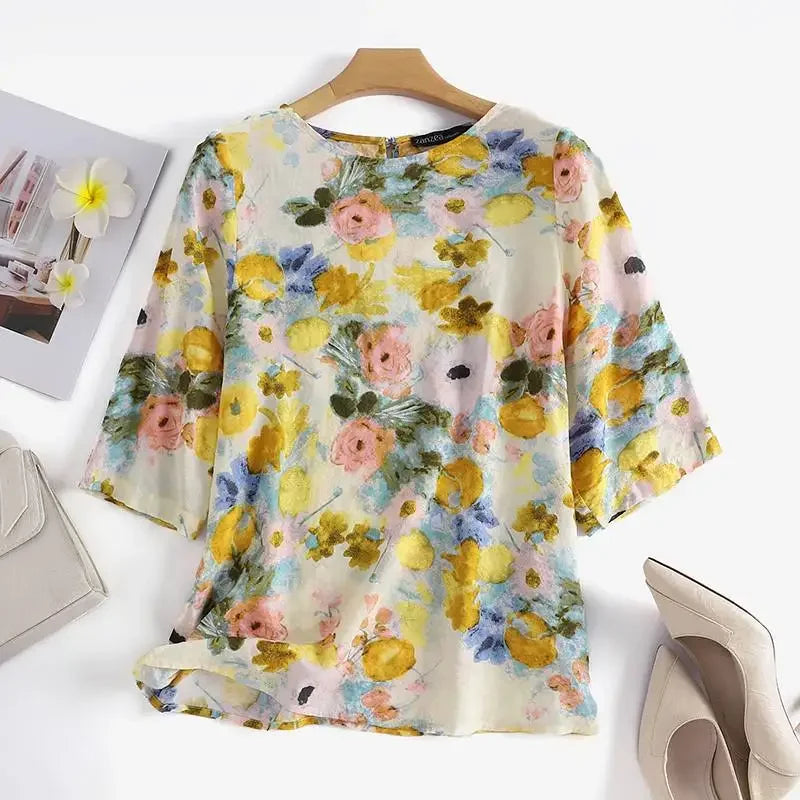 Women's Linen Bohemian Floral Printed  3/4 Sleeve O-Neck Top