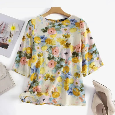 Women's Linen Bohemian Floral Printed  3/4 Sleeve O-Neck Top